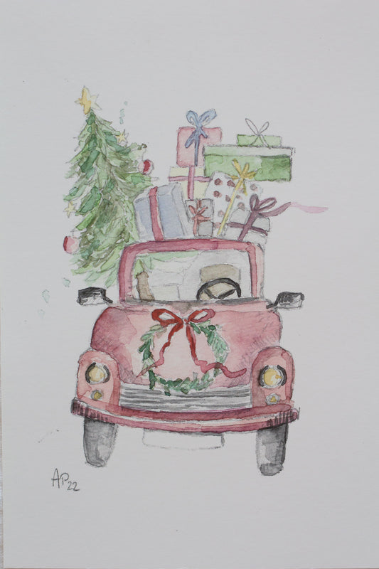 Handmade Aquarell Kunstdruck: Motiv Weihnachtsauto (DIN A5)